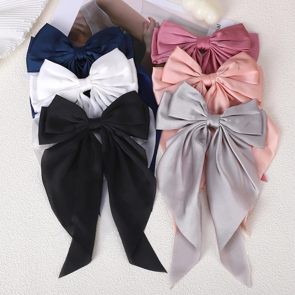 Elegant Long Satin Bow Hair Clip Large Chiffon Barrette