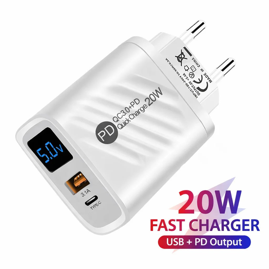 20W USB C Fast Charger with LCD Display, 2-Port Multi Charger for iPhone 14 Pro Max, Samsung, Xiaomi, Huawei, Quick Charge 3.0