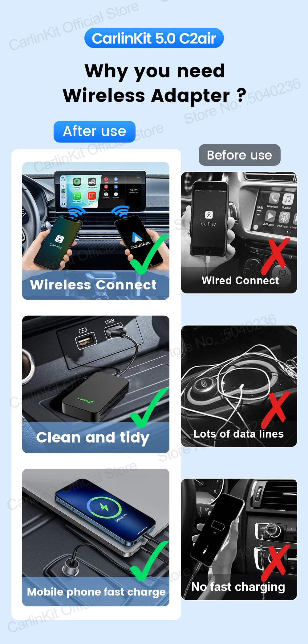 CarlinKit 5.0 C2Air 2-In-1 CarPlay Android Auto Wireless Adapter For Wired CarPlay Android Auto Cars Online Upgrade Plug & Play
