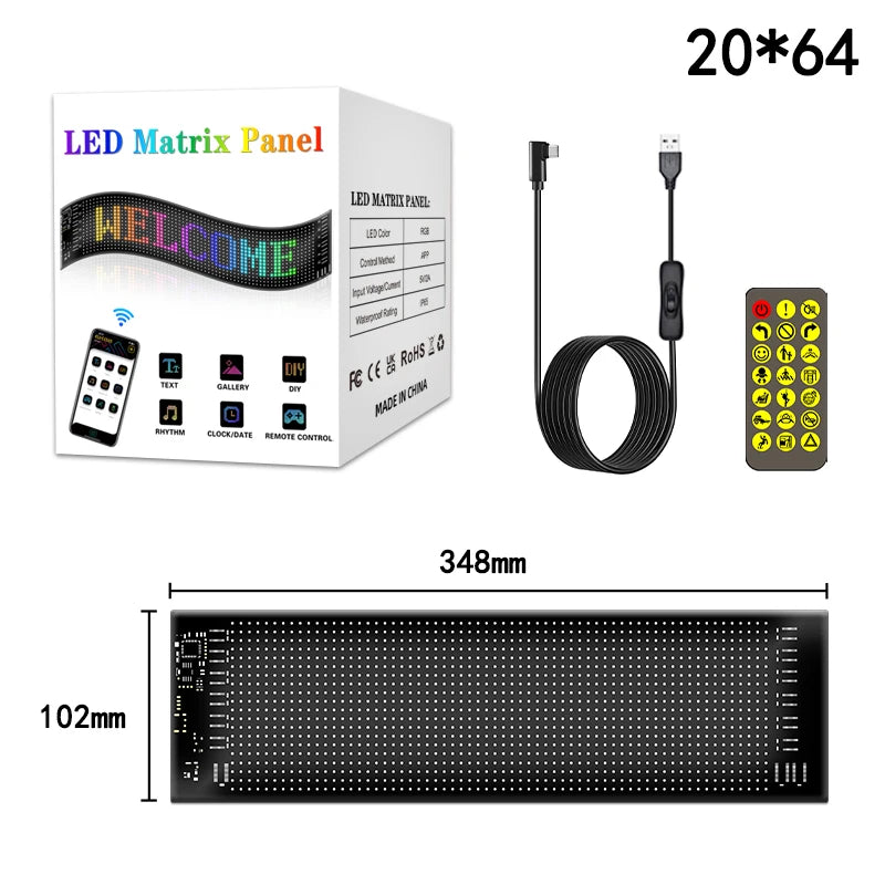 LED Matrix Pixel Panel USB 5V RGB Car Sign Bluetooth App Control Flexible Addressable Pattern Graffiti Scrolling Text Animation