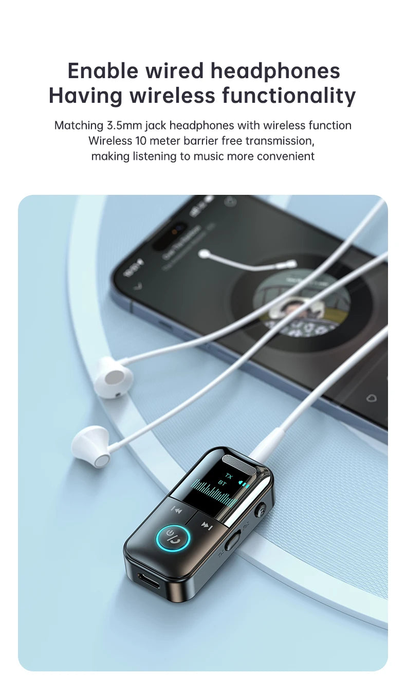 Bluetooth 5.4 Aux Adapter  Audio Receiver Transmitter 3.5mm Jack LED Display for Car/Home Stereo/Wired Headphones/Speaker/TV