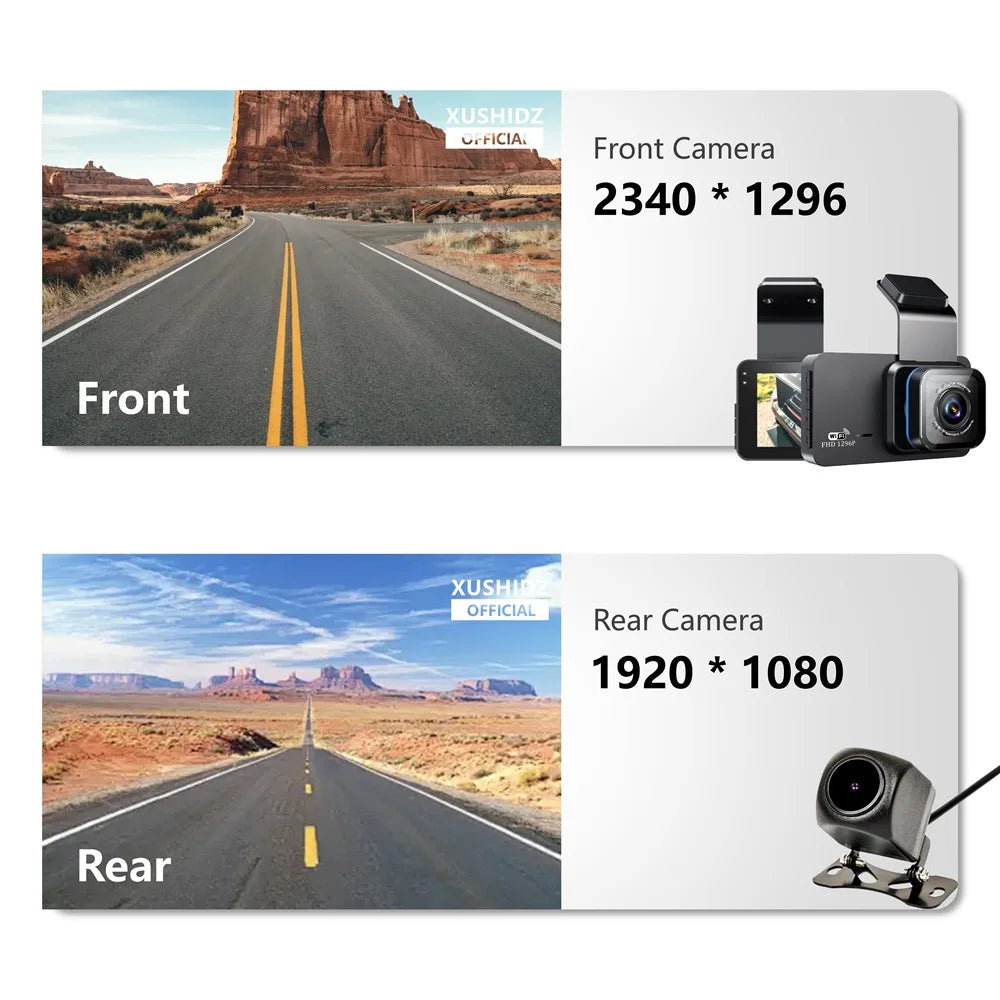 XUSHIDZ X02 2K WIFI Dash Cam 24H Parking Monitor Motion Detection Night Vision  Dual-Channel DVR Car Camera Vehicle Recorder