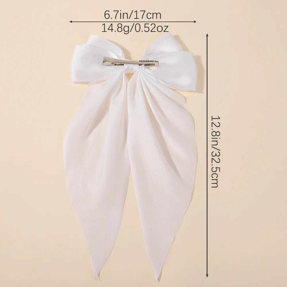 Elegant Long Satin Bow Hair Clip Large Chiffon Barrette