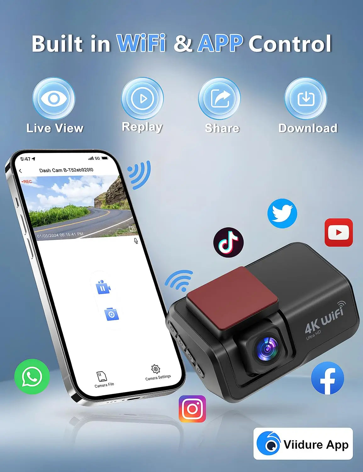 Kocam 4K UHD Dash Cam WiFi Car DVR Front and Rear Dual Lens Auto Car Camera with Night Vision 24H Parking Monitor Black Box