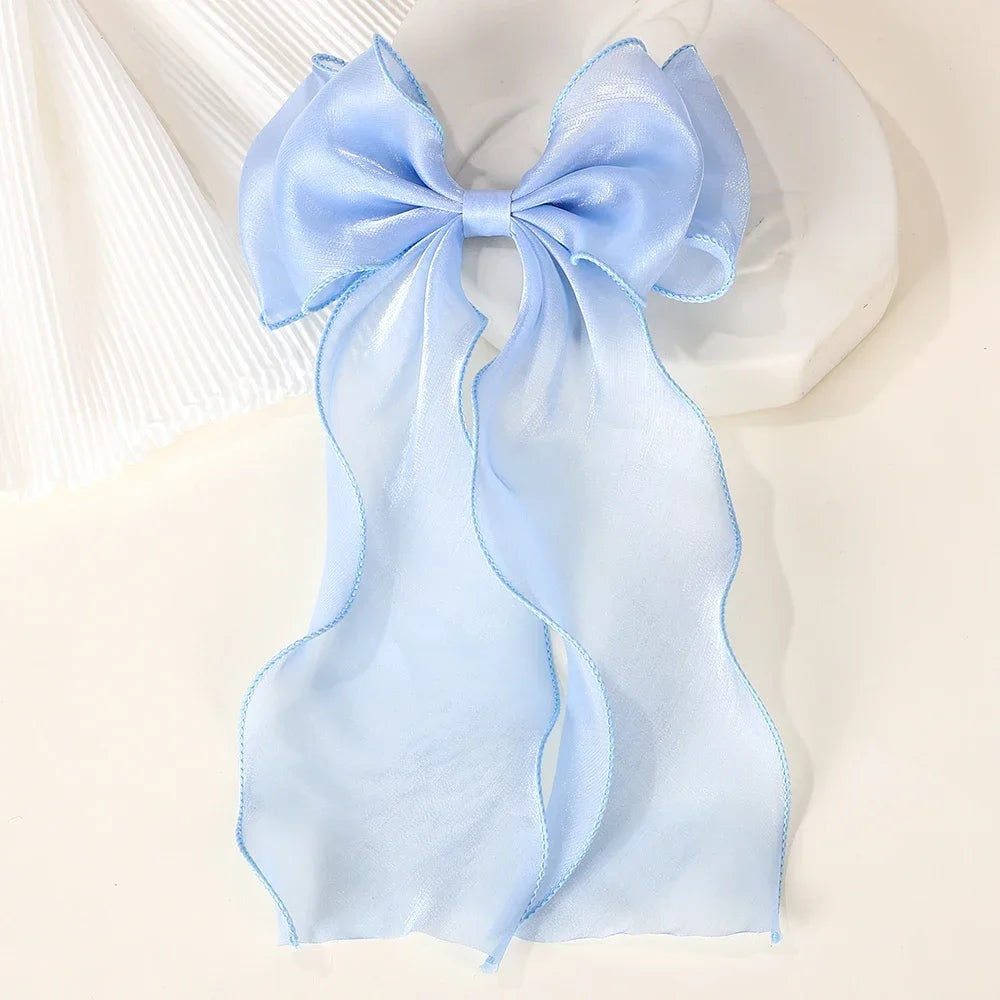 Elegant Long Satin Bow Hair Clip Large Chiffon Barrette