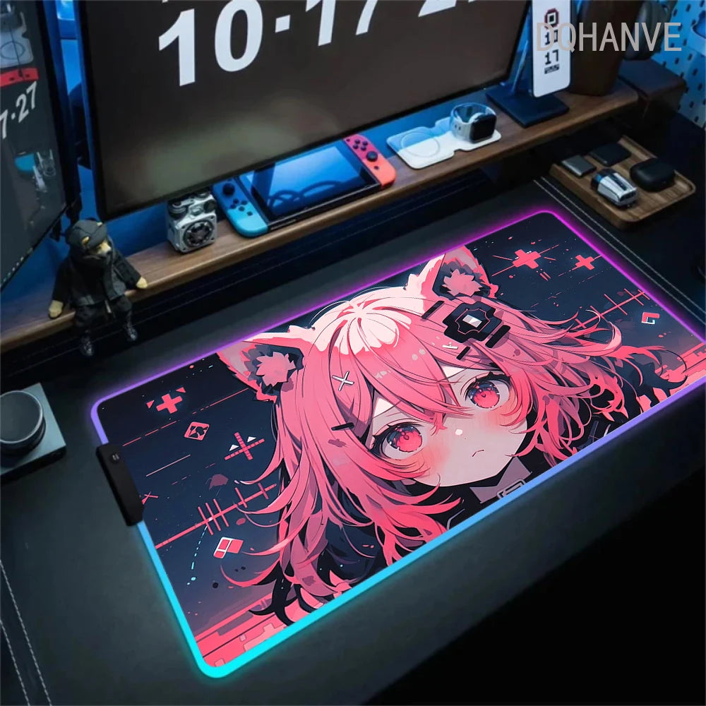 Pink Girls RGB Anime Rubber Mouse Pads XXL Cute Large LED Lighting PC Computer Mousepad Colorful Glowing Deskmat Backlight Mat
