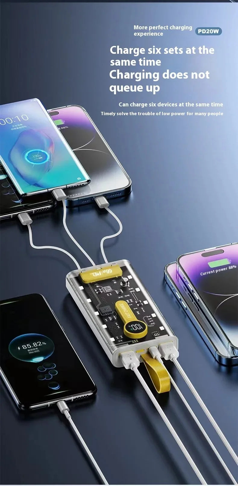 20000mAh Bidirectional Super Fast Charging Power Bank 66W Transparent High capacity Digital Display For Iphone Xiaomi Samsung