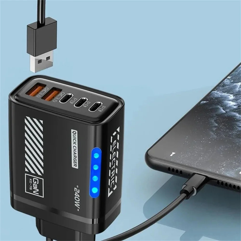 240W GaN 5 Port Fast Charging Station 3PD 2USB Desk Adapter For iPhone 17 16 15 Pro Samsung Xiaomi EU US Wall Plug USB C Charger