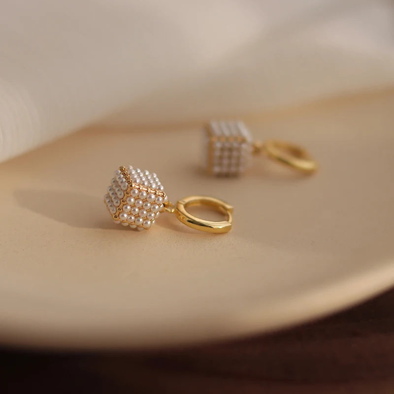 Premium Square Pearl Pendant Drop Earrings Luxury Jewelry