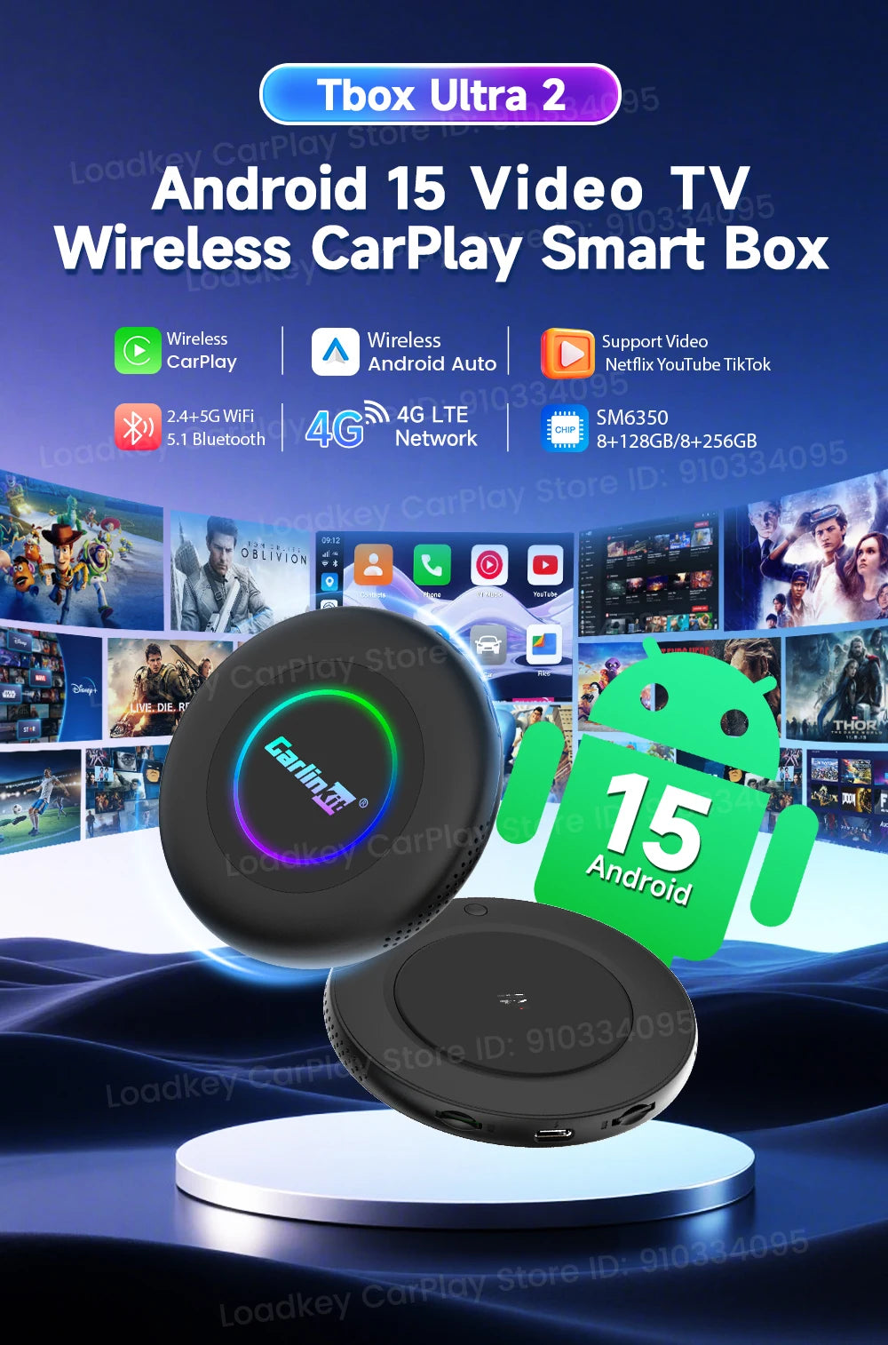 CarlinKit 3 In 1 Android 15 CarPlay Ai Box Wireless Adapter Android Auto Qualcomm SM6350 128GB 8-Core for Youtube Netflix FOTA