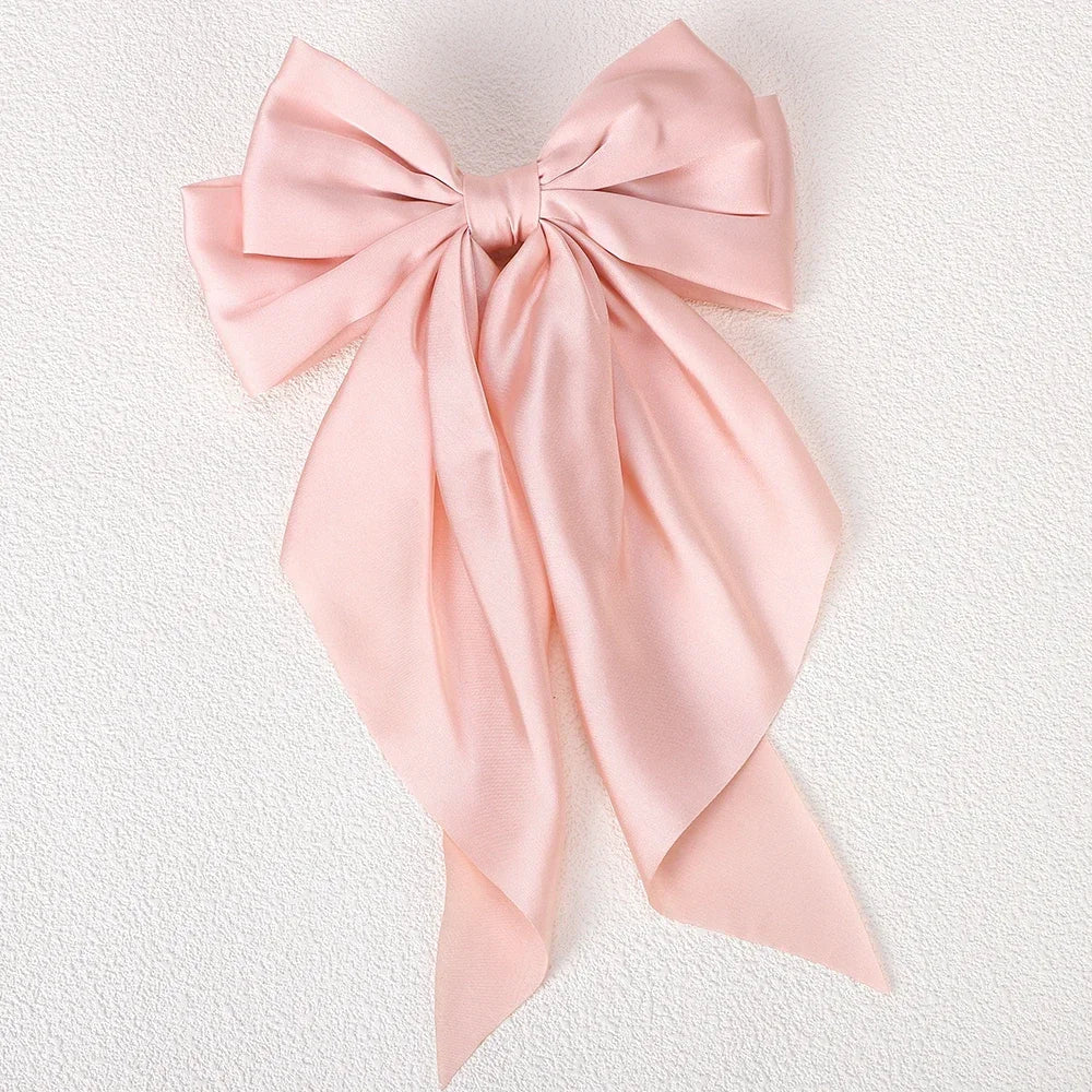 Elegant Long Satin Bow Hair Clip Large Chiffon Barrette