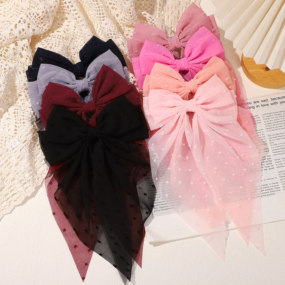 Elegant Long Satin Bow Hair Clip Large Chiffon Barrette