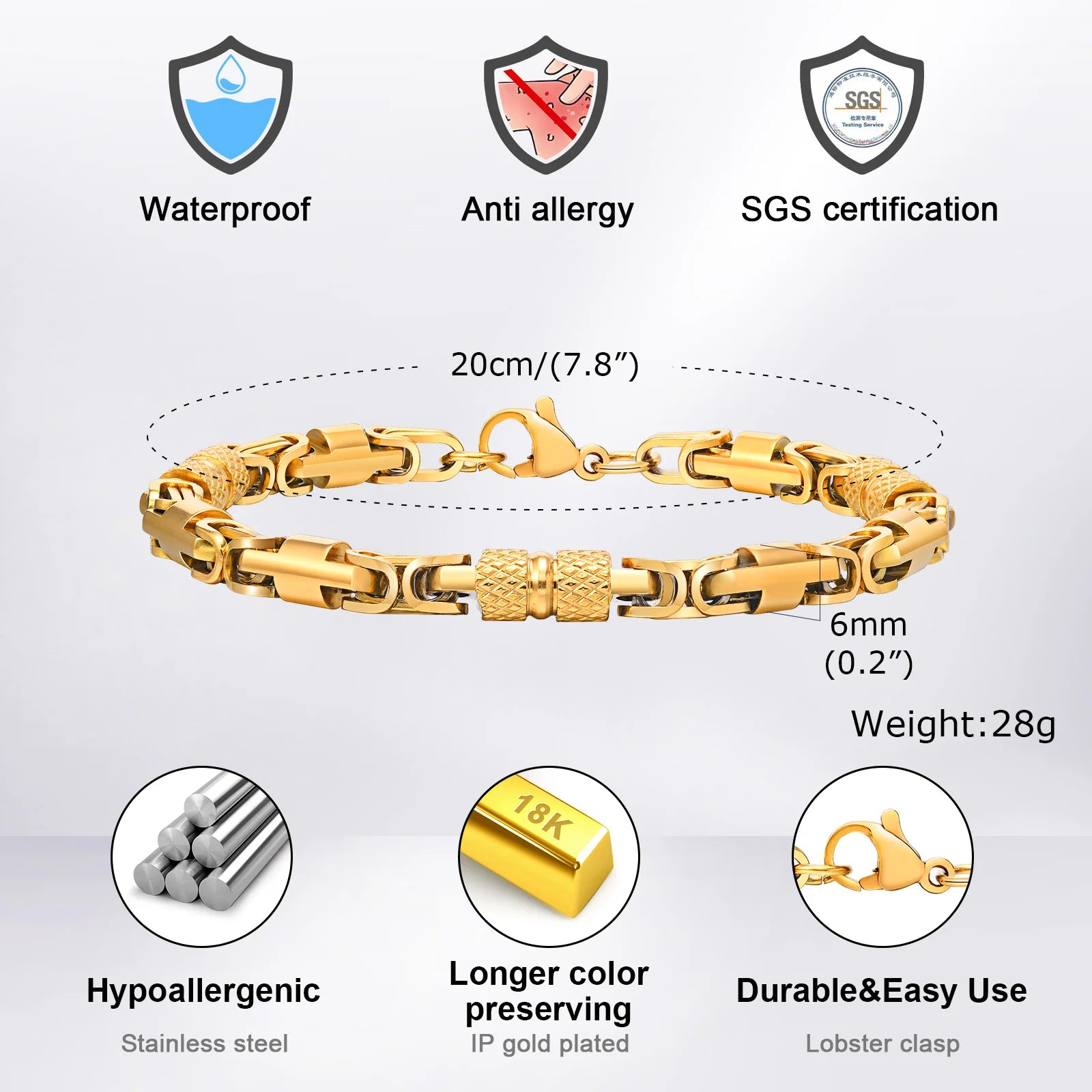 Pulseiras Bizantinas Punk para Homens e Rapazes, Pulseira de Elos de Aço Inoxidável Feita à Mão, Presentes de Joalharia Casuais Elegantes
