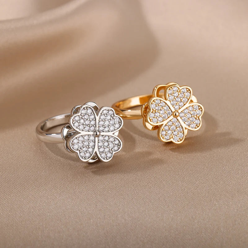 18K Gold Zircon Heart Clover Spinner Anxiety Ring