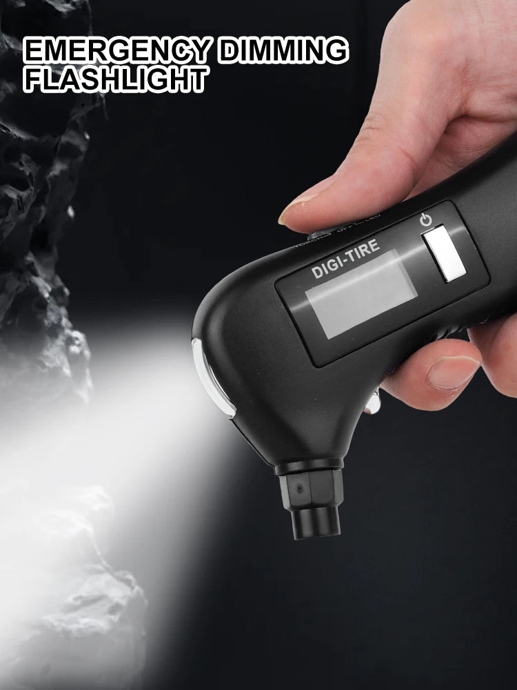 Digital tire pressure gauge, emergency lighting flashlight, car escape hammer, seat belt cutter, multi-functional self-rescue to