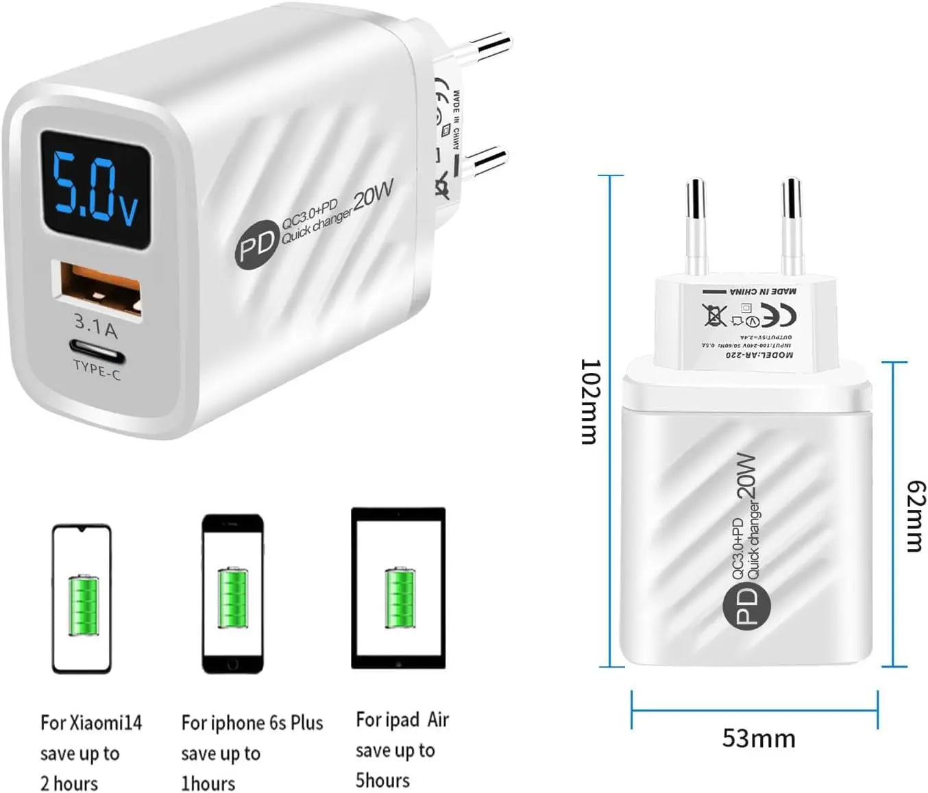 20W USB C Fast Charger with LCD Display, 2-Port Multi Charger for iPhone 14 Pro Max, Samsung, Xiaomi, Huawei, Quick Charge 3.0