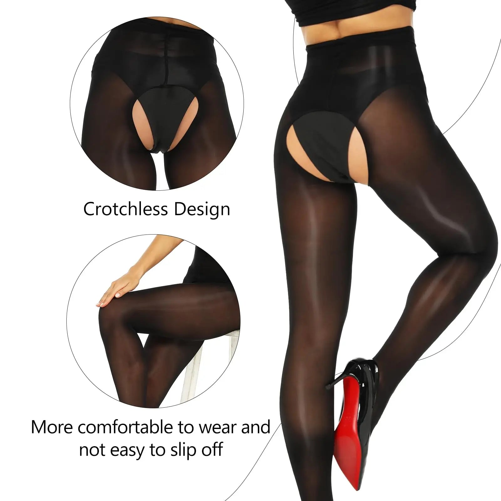 2 Pairs Glossy Oil Shimmer High-Waist Open Crotch Pantyhose