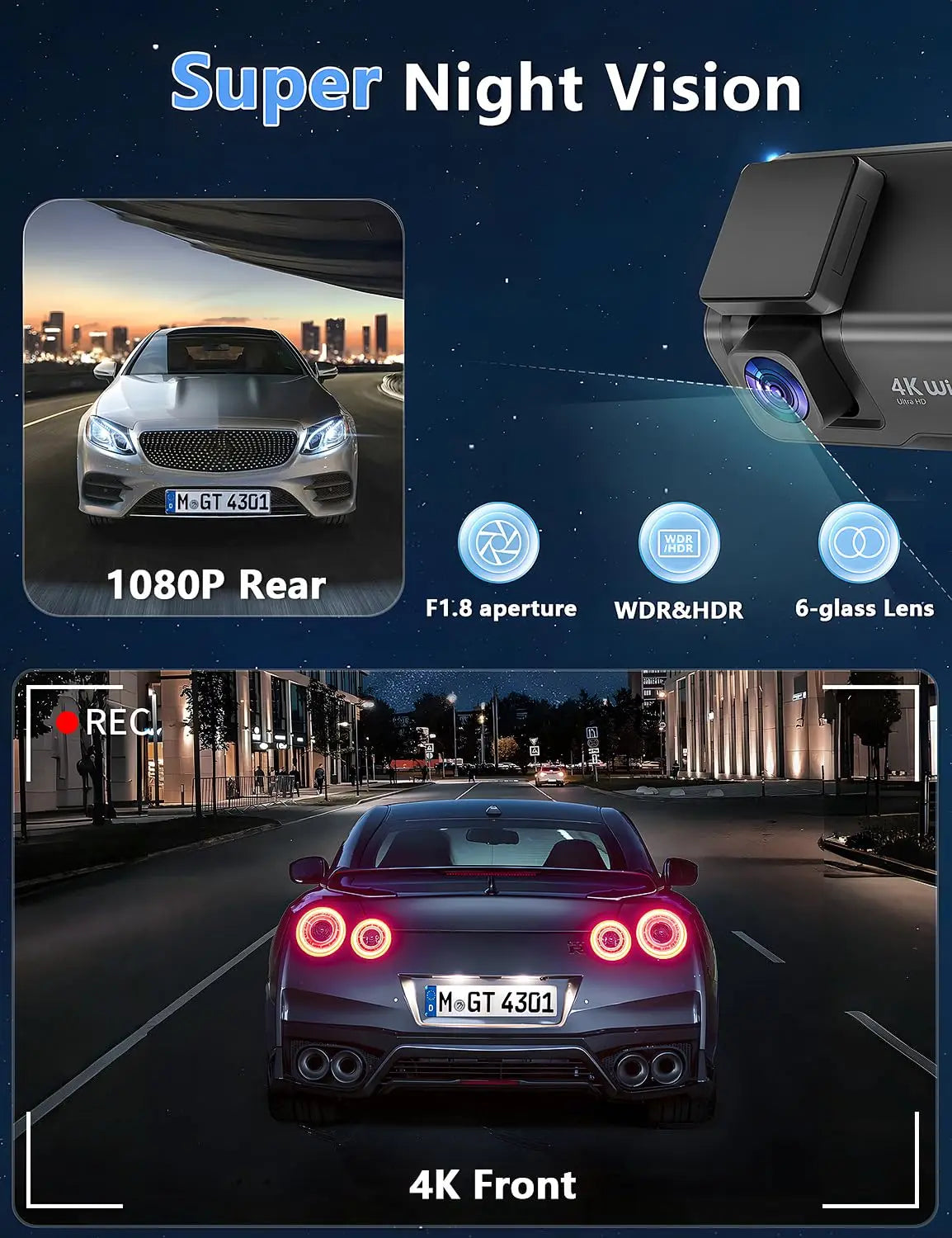 Kocam 4K UHD Dash Cam WiFi Car DVR Front and Rear Dual Lens Auto Car Camera with Night Vision 24H Parking Monitor Black Box
