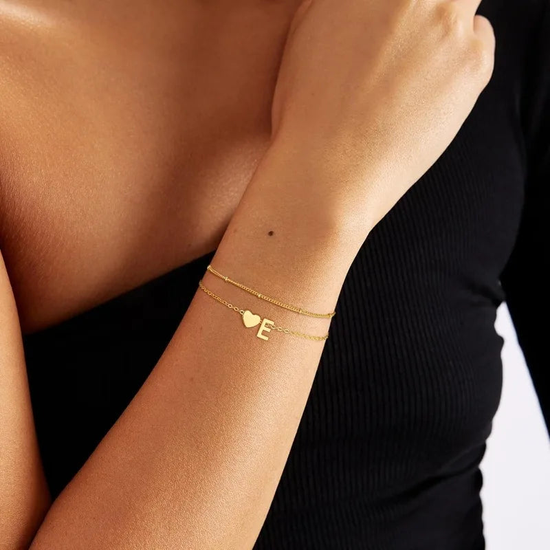 18k Gold-Style Plated Stainless Steel Heart Initial Charm Bracelet
