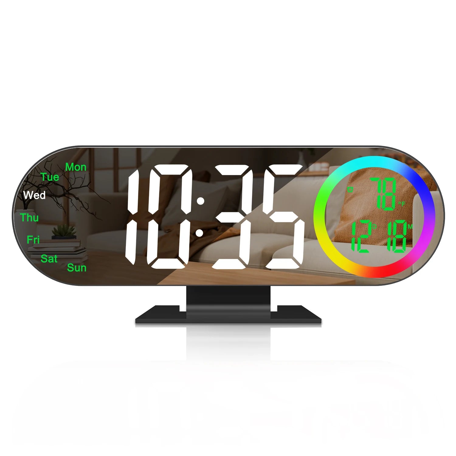 ORIA LED Mirror Clock 8.5" Alarm Clock with 16 Color RGB Light USB Powered Table Clock Temp Week Display For Home Bedroom Office