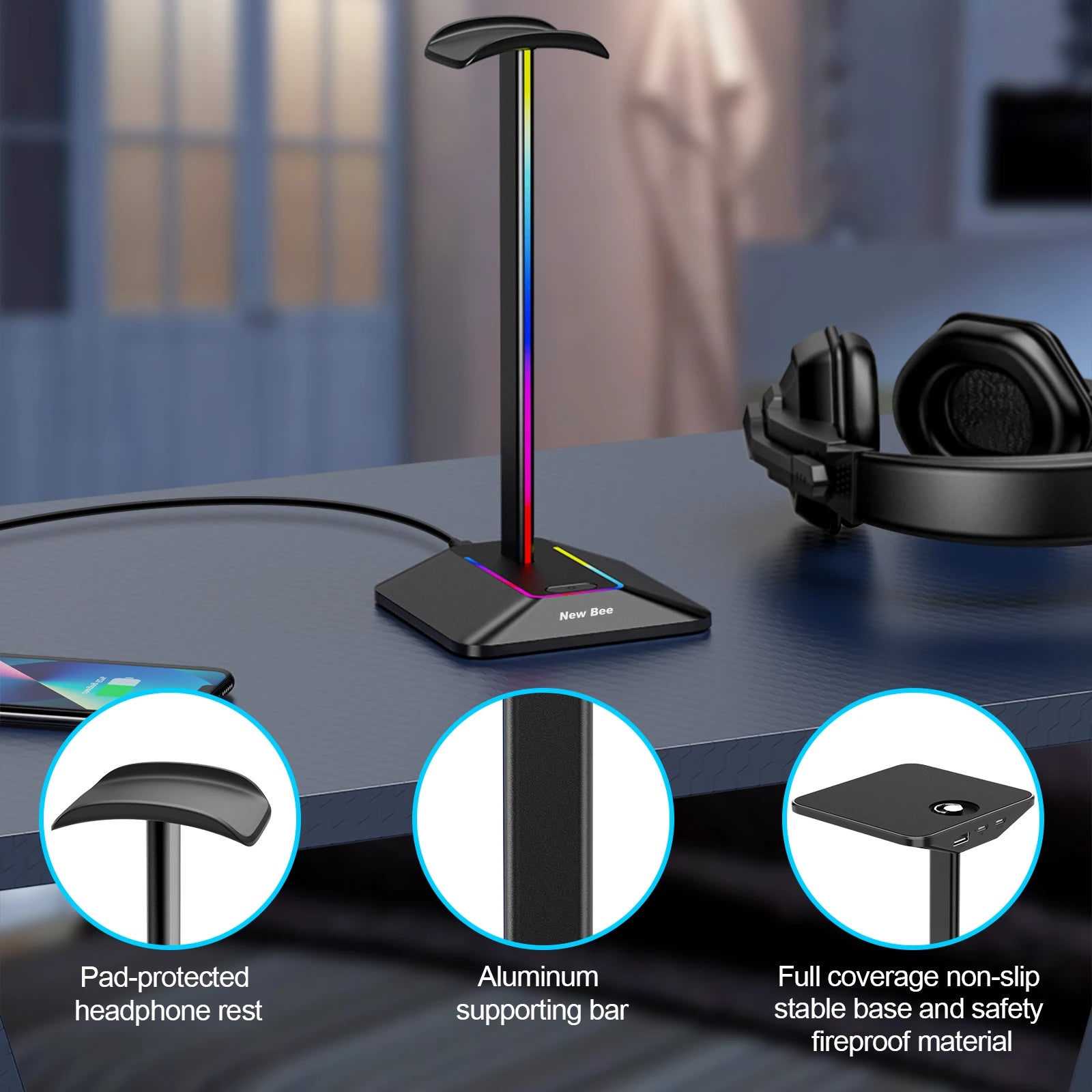 New Bee Z8 RGB Headphones Stand Holder Desk Gaming Headset Cool Display With 2 USB Ports Holder Non-Slip Rubber Base for Gamer
