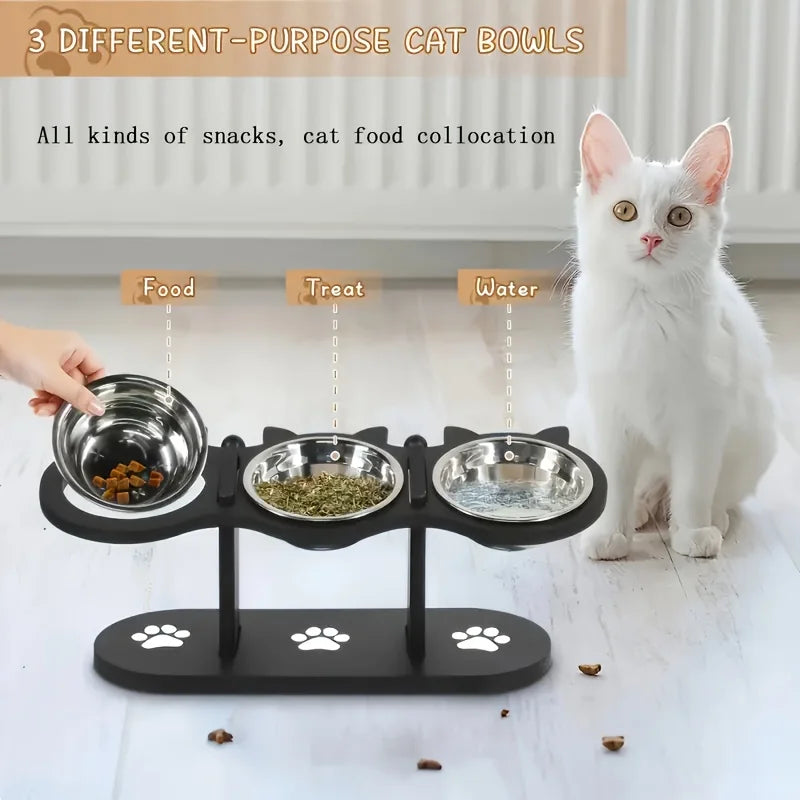 Adjustable 15-Degree Elevated 3-Bowl Wood and Stainless Steel Feeder