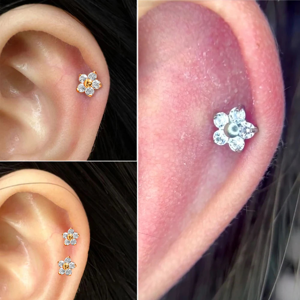 F-136 Implant Titanium Flower Zirconia 16G Labret Helix Piercing
