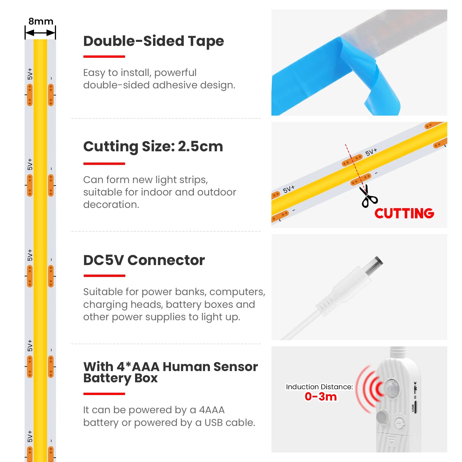 8MM COB Led Strip 5V with Motion Sensor Battery Powered 320LEDs/M Led Induction Night Light Warm White Red Ice Blue Green Yellow