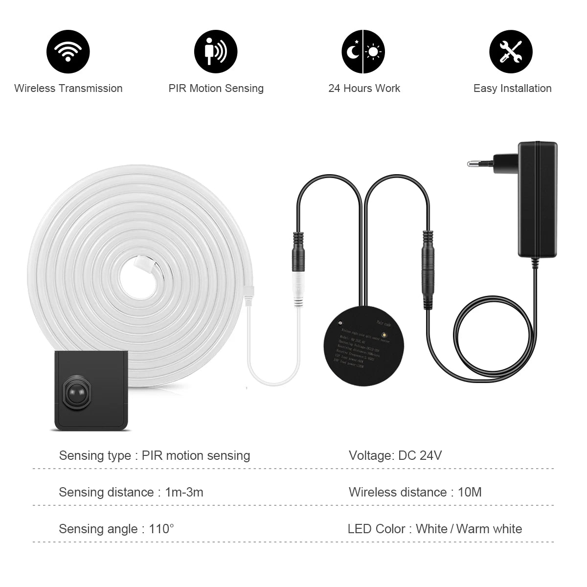 Smart Dual Sensors PIR Motion Sensor Switch DC 24V Neon Light LED Strip 2m 5m 10m for Bathroom Bedroom Stair Night Lamp