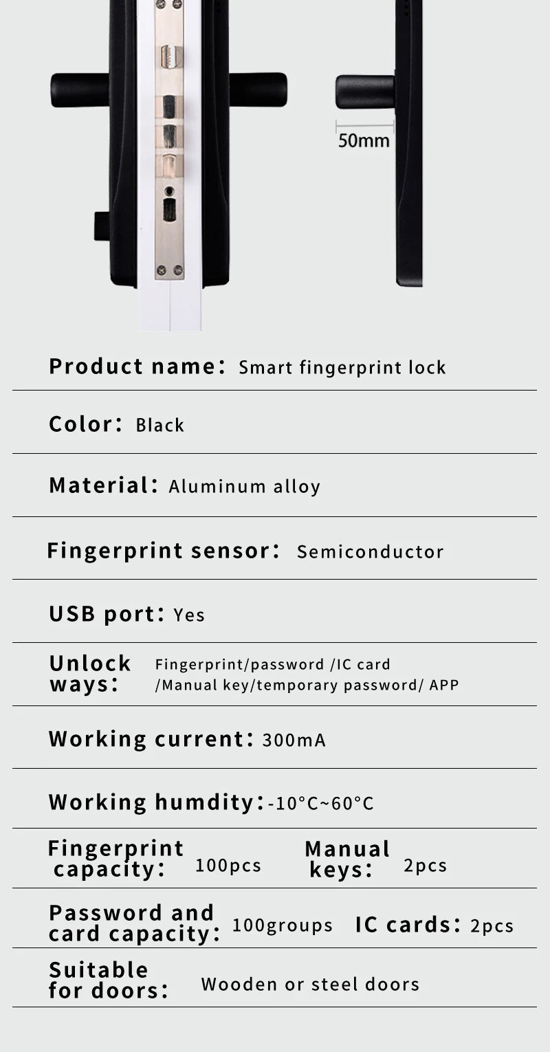 Tuya Smart Lock Wirelss With Fingerprint Password IC Card Unlock Support USB Emergency Charge Handle Direction Adjustable ﻿