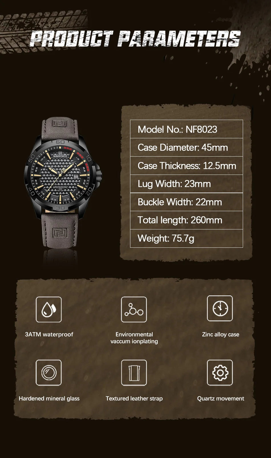 Naviforce NF8023 Quartz Calendar Business Sport Leather Watch
