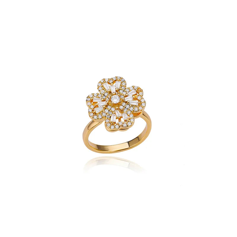 18K Gold Zircon Heart Clover Spinner Anxiety Ring
