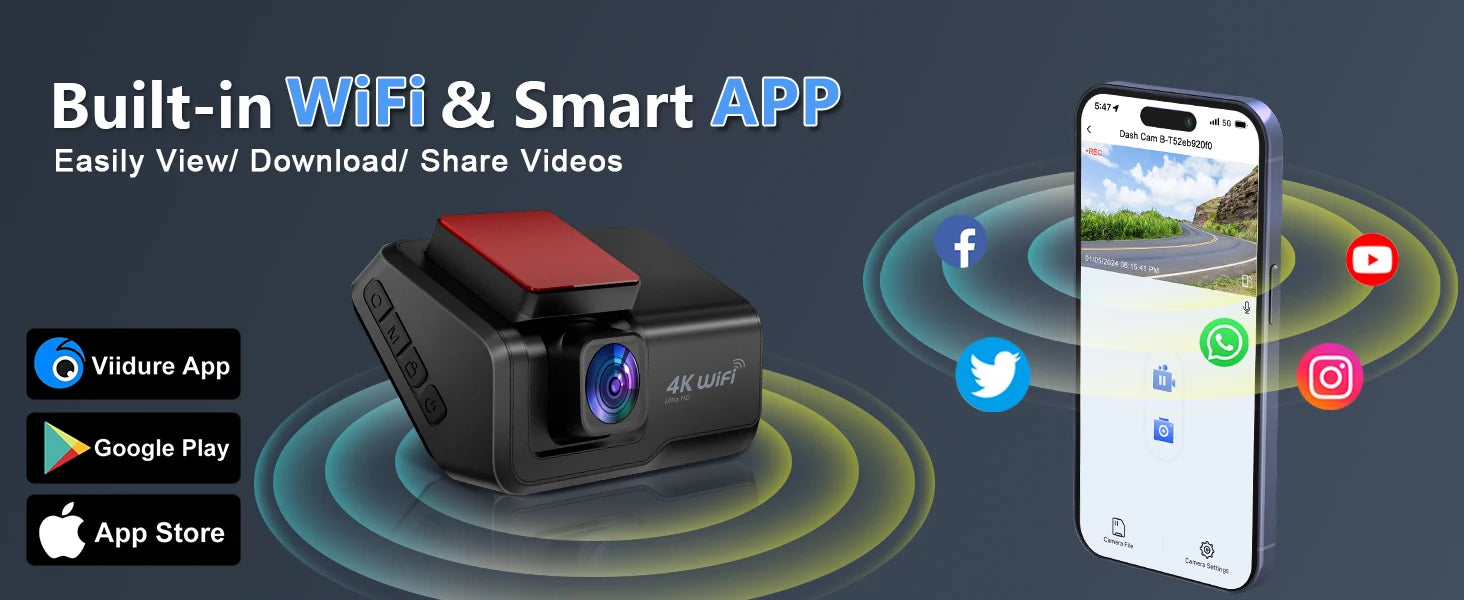 Kocam 4K UHD Dash Cam WiFi Car DVR Front and Rear Dual Lens Auto Car Camera with Night Vision 24H Parking Monitor Black Box