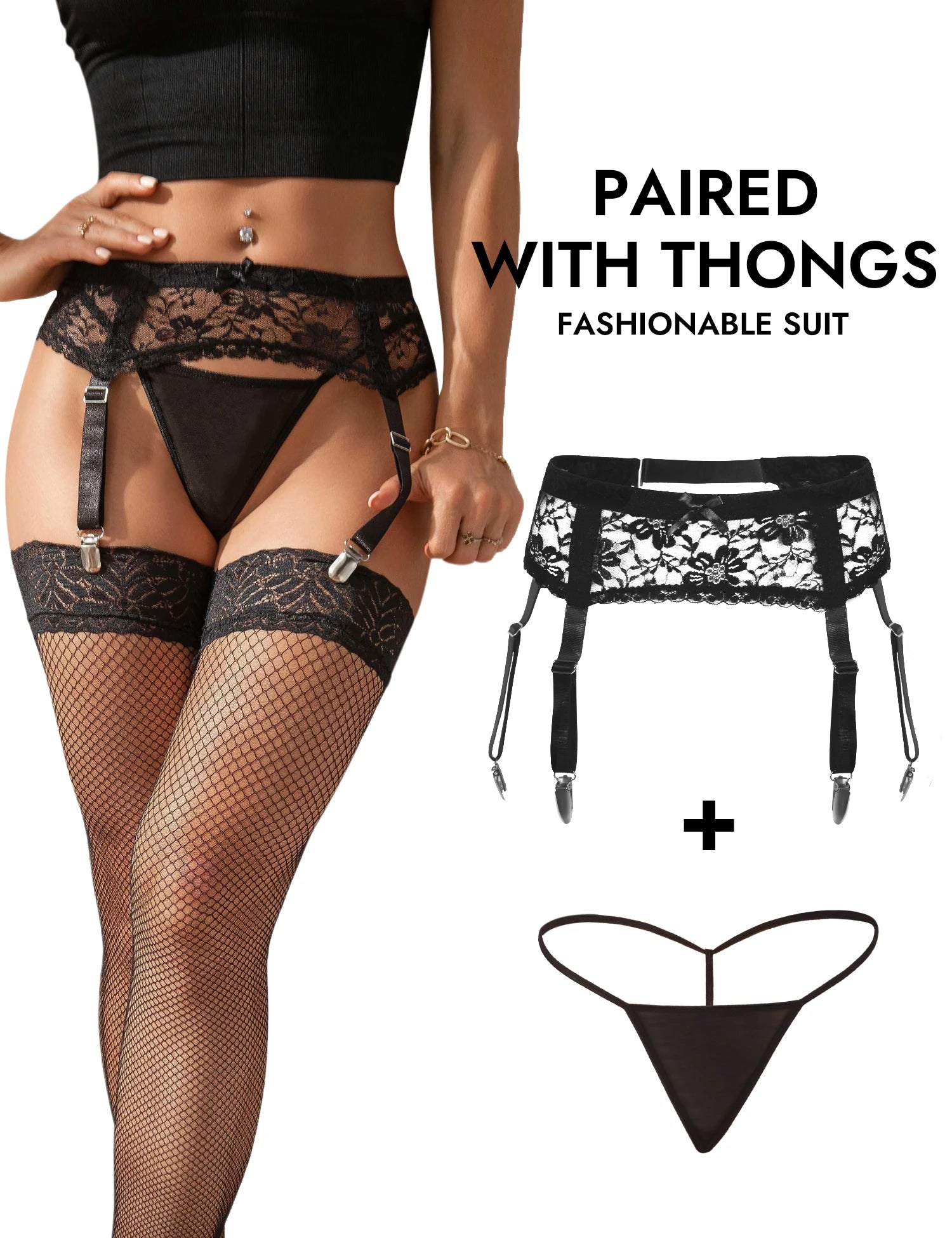 High Waist Lace Garter Belt with Thong