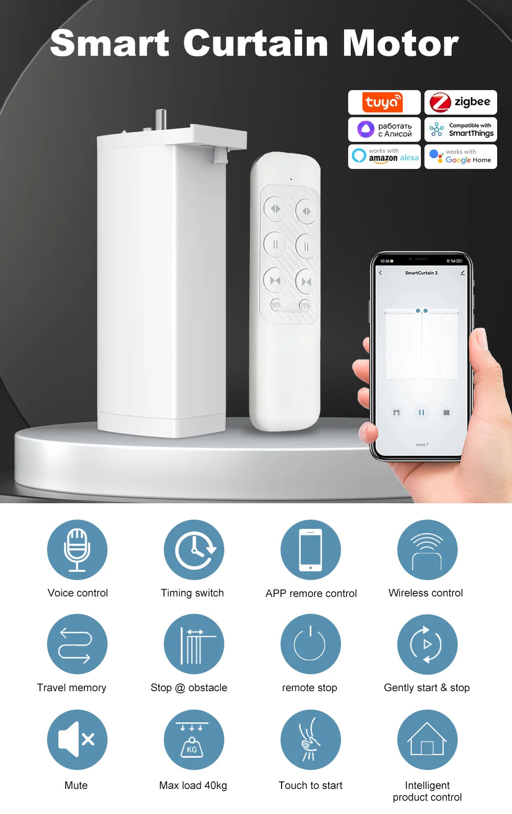 Tuya 155MM 4rd Smart Zigbee/WiFi Electric Shutter Curtain Motor Silent Motor with Remote APPVoice Control With Alexa Google Home