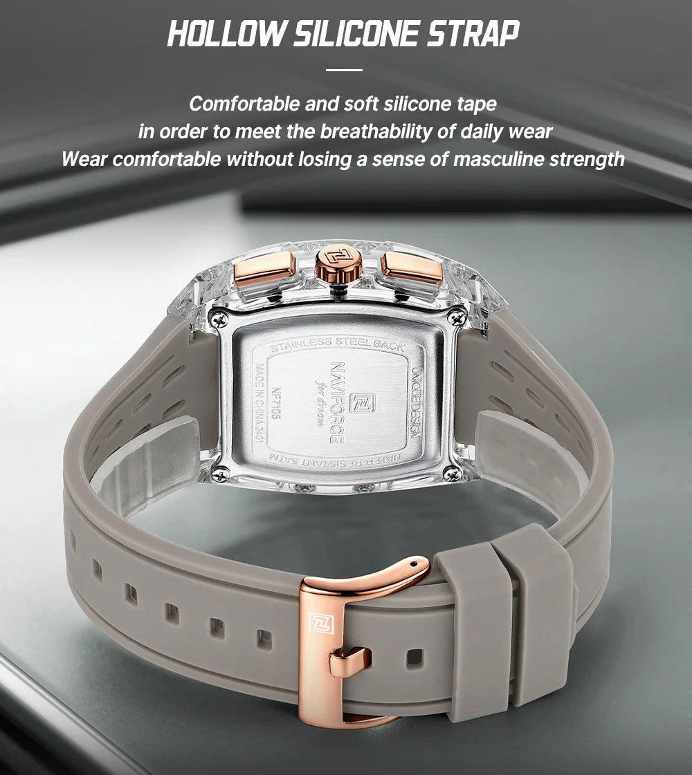 Naviforce NF7105 Tonneau Quartz Chronograph 5ATM Silicone Watch