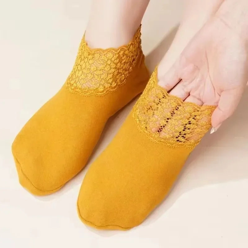 Women's Anti-Slip Thermal Velvet Floor Socks with Lace
