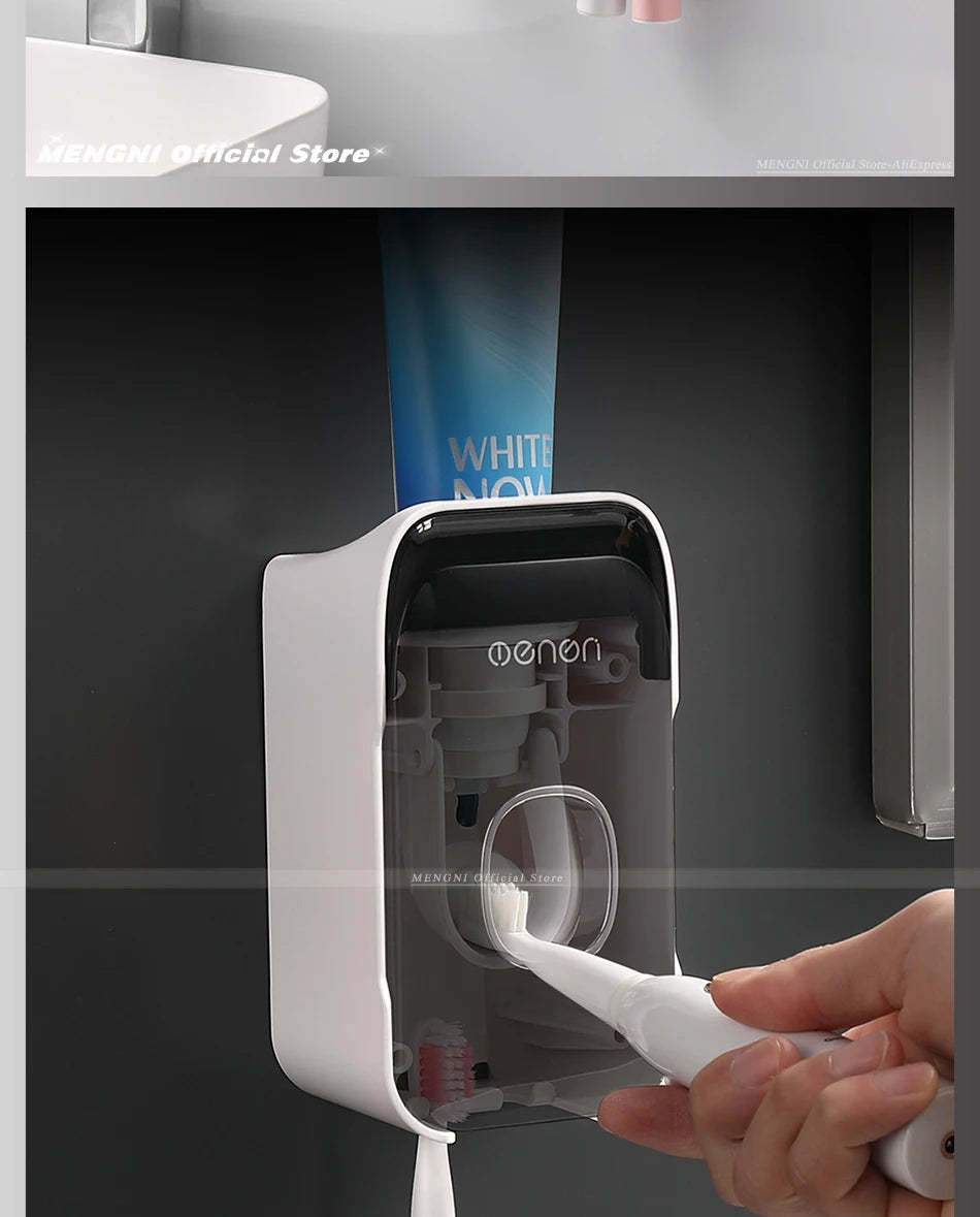 MENGNI Automatic Toothpaste Dispenser Wall-Mounted Bathroom Toothpaste Squeezer Punch-Free Toothbrush Holder Rack Bathroom Acces