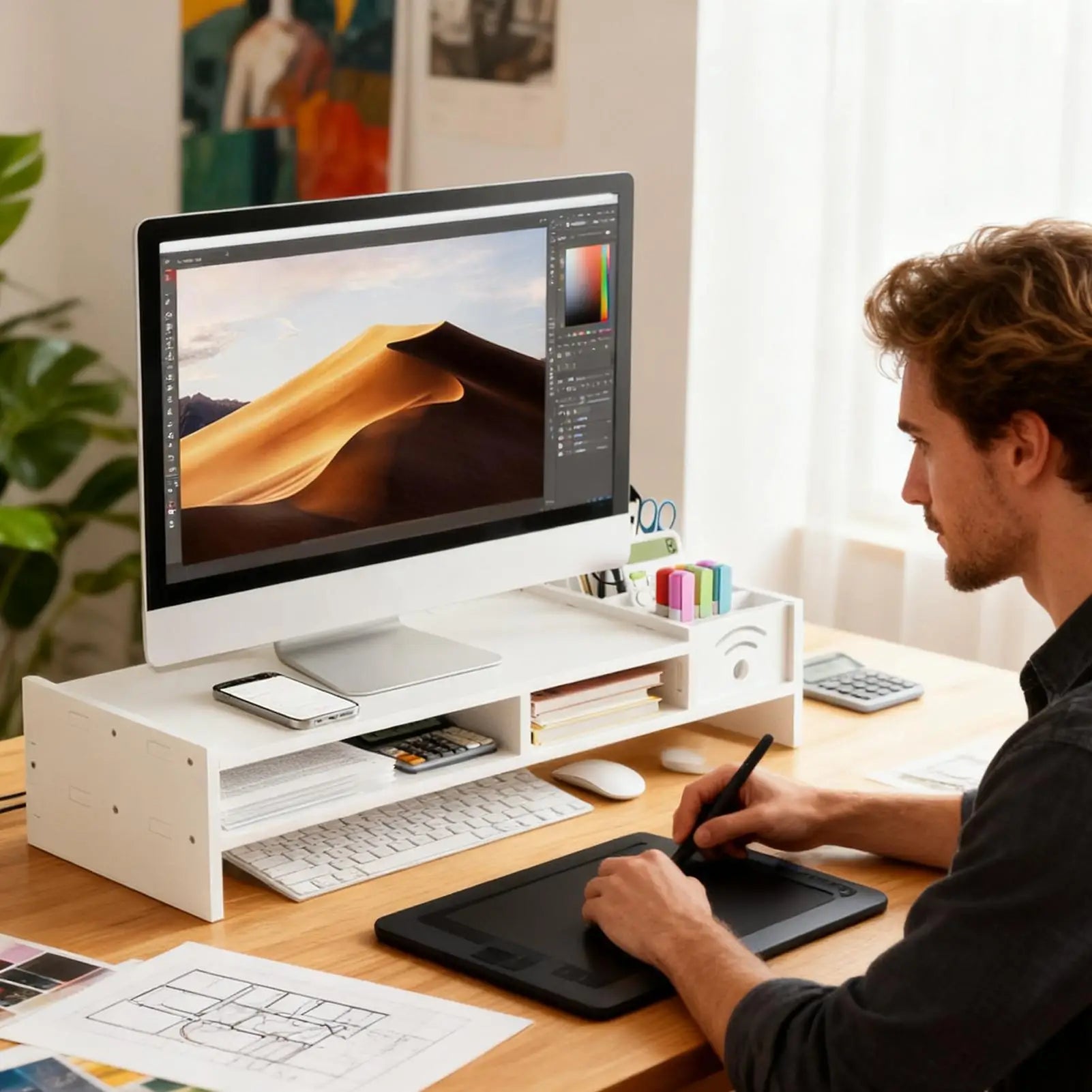 Desktop computer riser stand monitor arm double-layer desktop shelf with storage organizer ergonomic computer stand for monitors