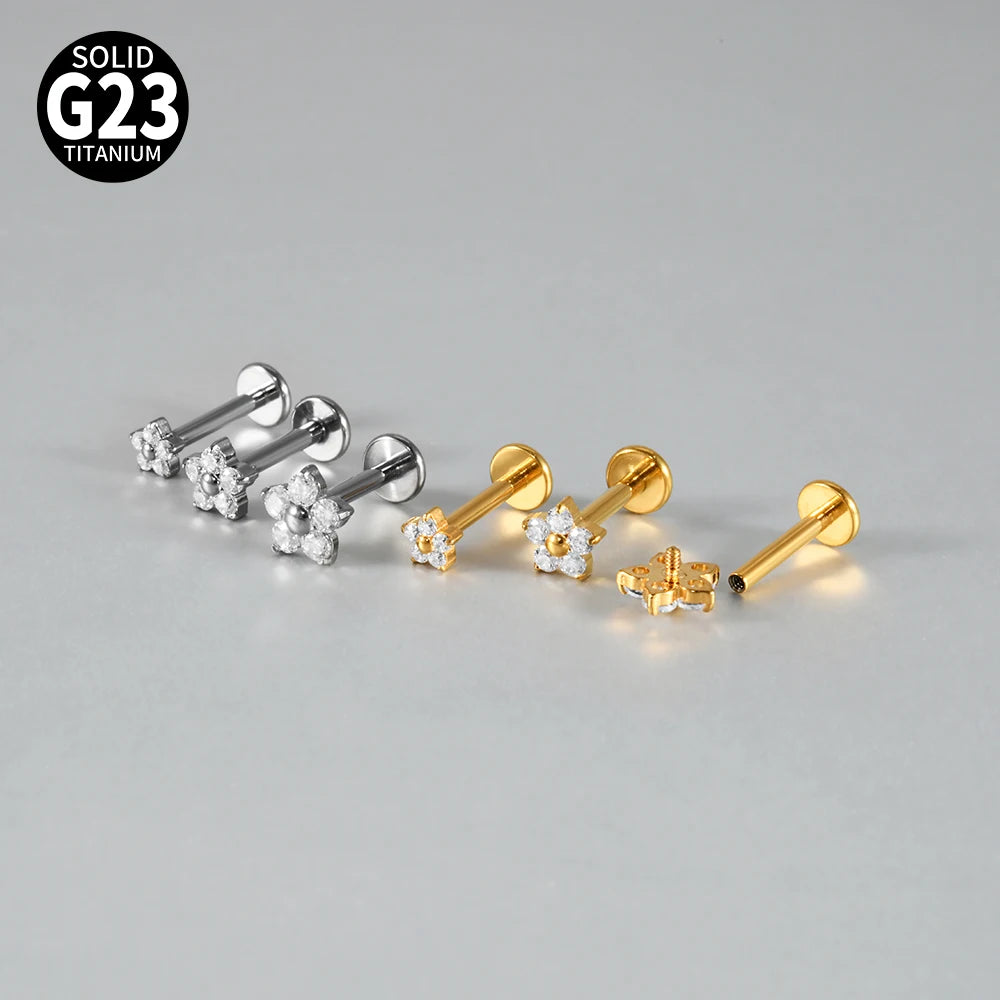 F-136 Implant Titanium Flower Zirconia 16G Labret Helix Piercing