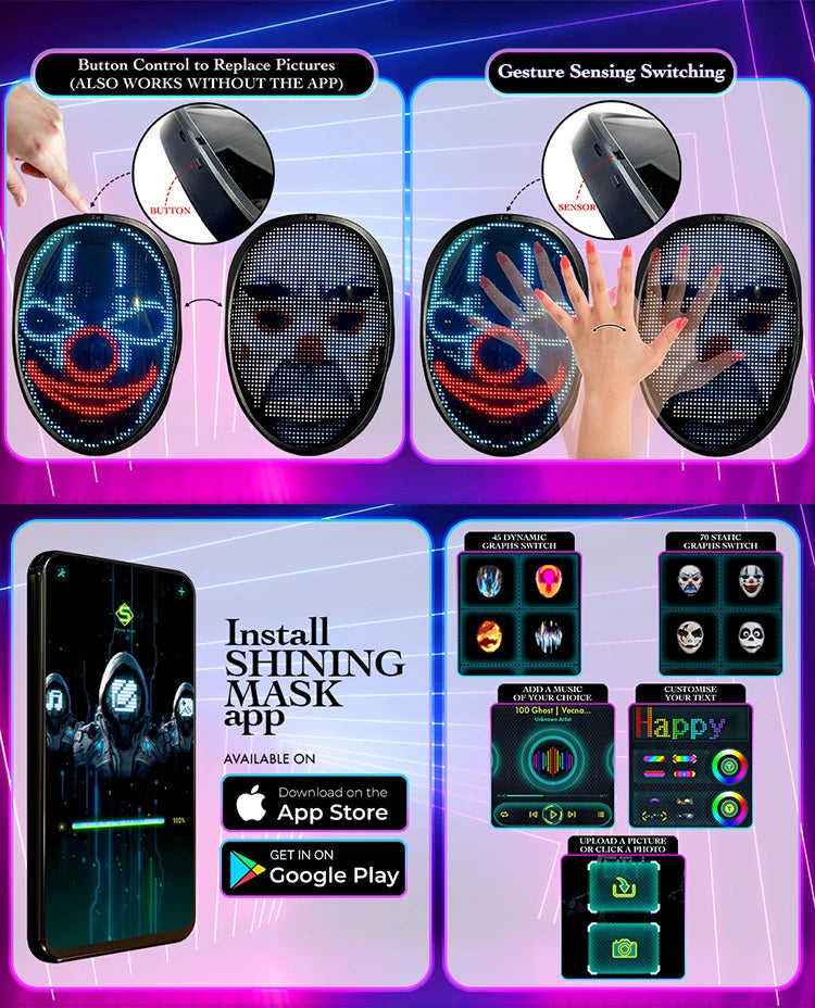 Party LED Light up Mask Gesture Sensing LED Masks Programmable App Control Face Transforming Mask for Halloween Christmas
