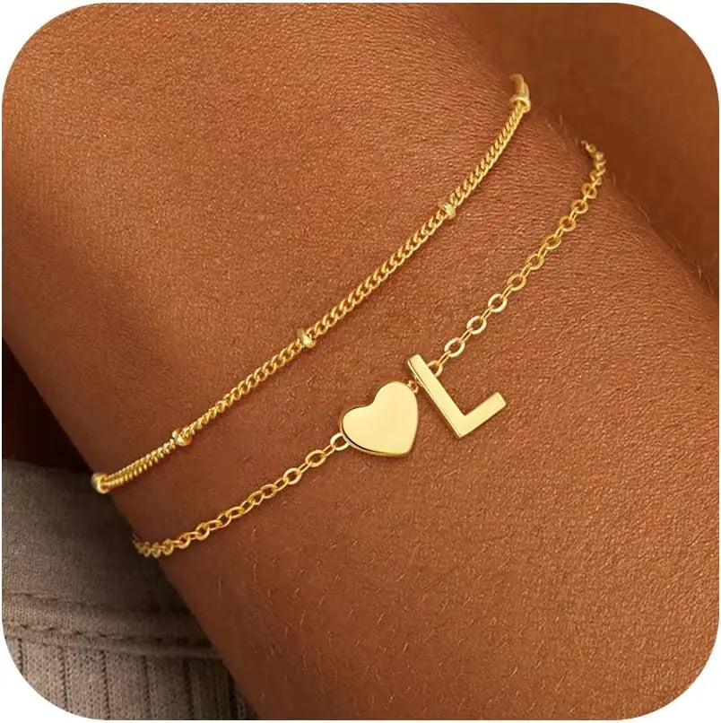 18k Gold-Style Plated Stainless Steel Heart Initial Charm Bracelet