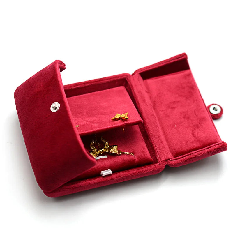 Organizador de Joias de Veludo de Abertura Dupla - Azul Névoa/Rosa Vermelha para Anéis/Colares/Pulseiras, Exibição para Casamentos e Boutiques