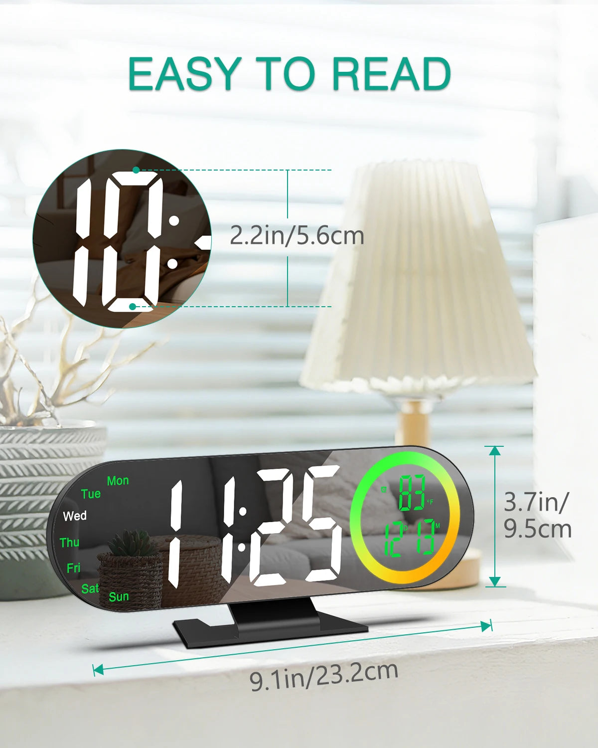 ORIA LED Mirror Clock 8.5" Alarm Clock with 16 Color RGB Light USB Powered Table Clock Temp Week Display For Home Bedroom Office