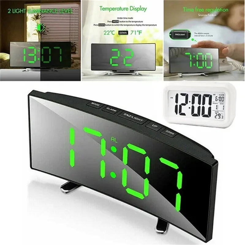 Led Alarm Clock Mirror Curved Screen Digital Alarm Clock With Sleep Temperature For Students Bedroom Living Room Office School
