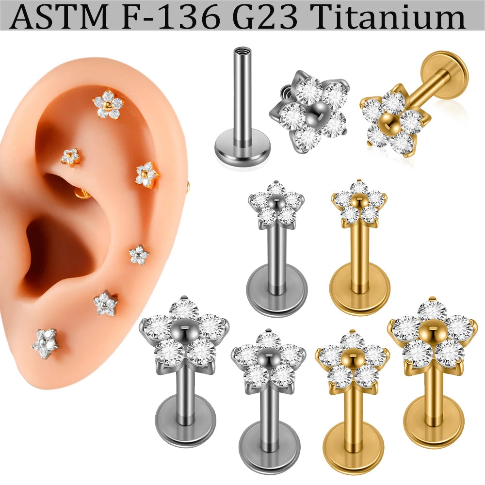 F-136 Implant Titanium Flower Zirconia 16G Labret Helix Piercing
