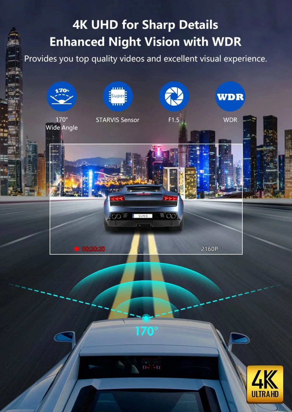 4K 3840*2160P Dash Cam WIFI Car DVR Camera Video Drive Recorder Dashcam Registrar Black Box 24 Hour Monitoring Night Vision