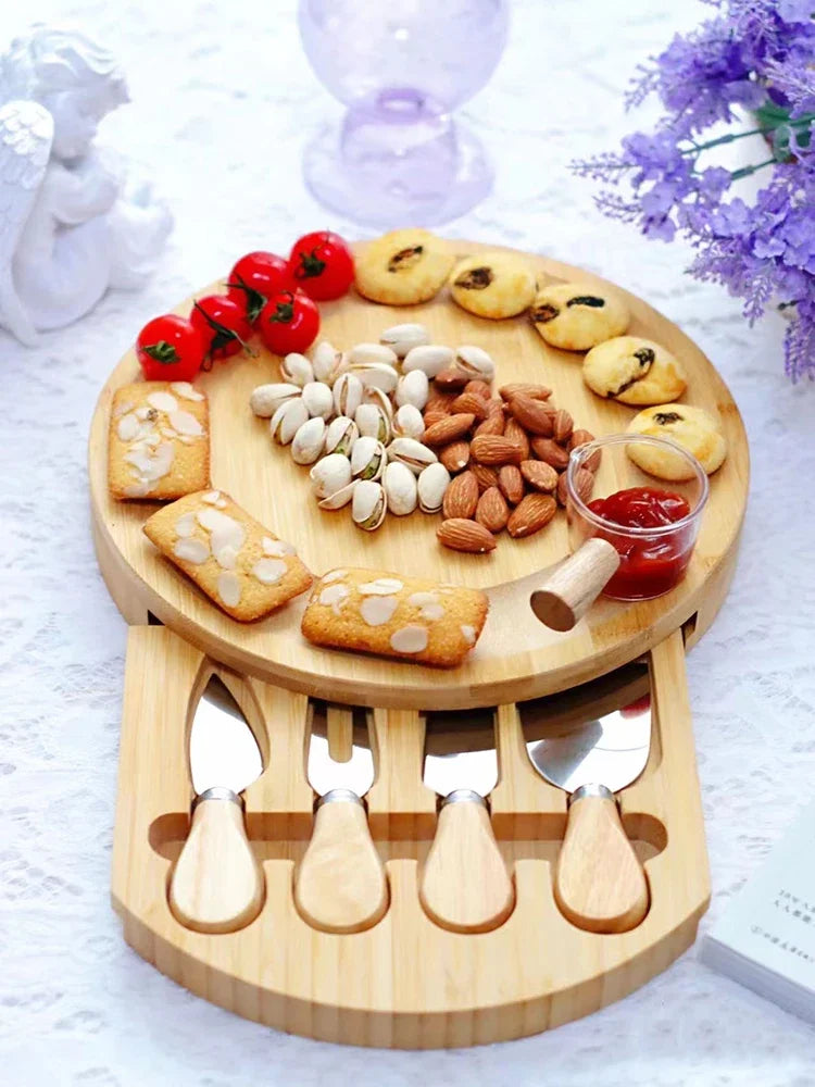 Bamboo Charcuterie Board Set with Integrated Knife Drawer