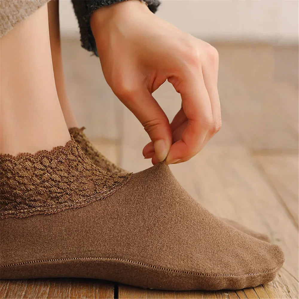 Women's Anti-Slip Thermal Velvet Floor Socks with Lace