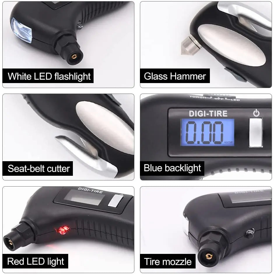 Digital tire pressure gauge, emergency lighting flashlight, car escape hammer, seat belt cutter, multi-functional self-rescue to